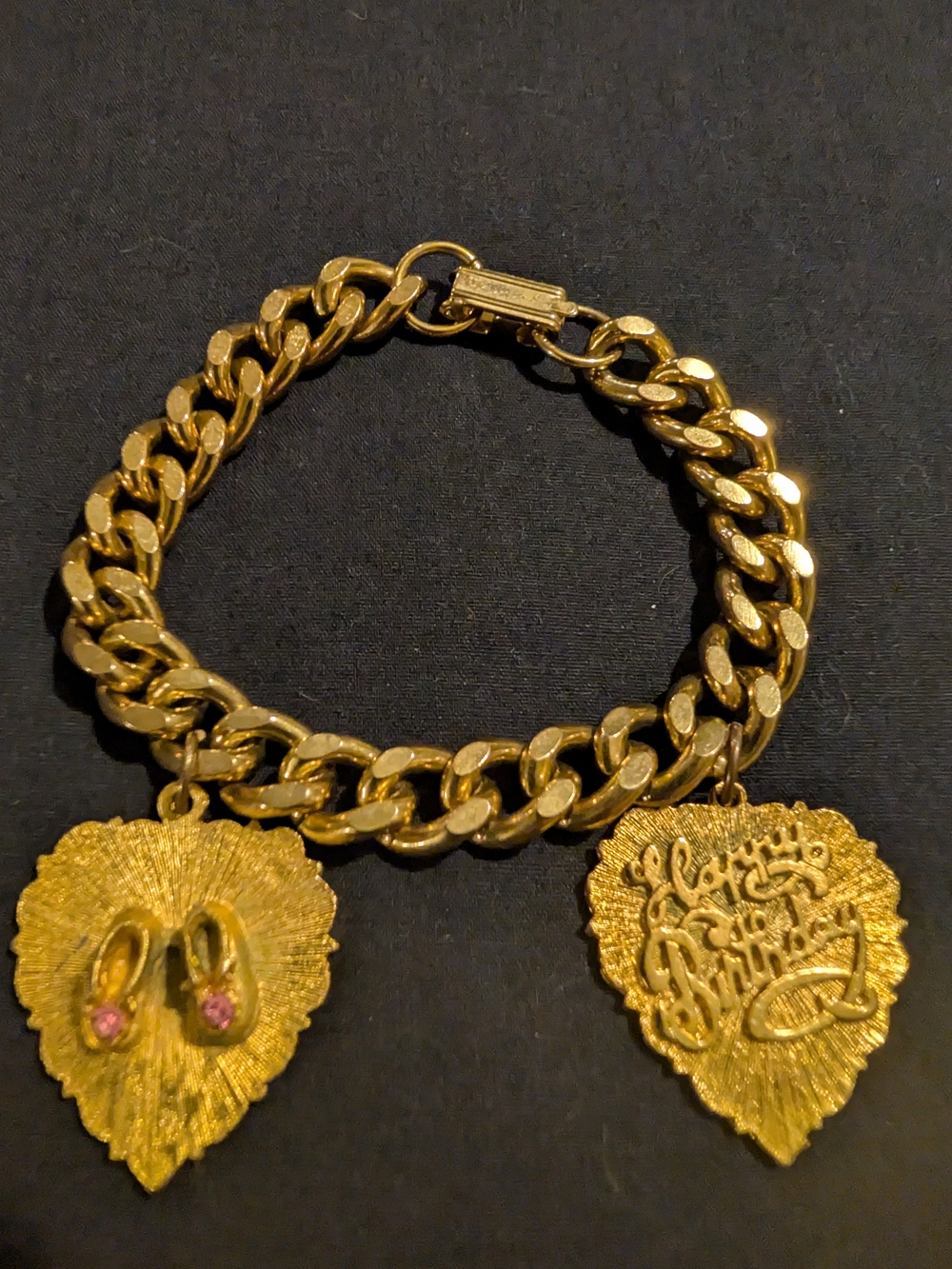 Vintage Gold-Tone Heart Charm Bracelet with Pink Baby Shoe Accent